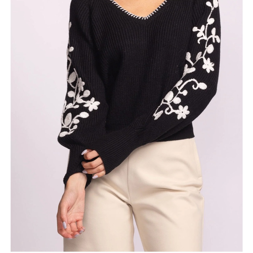 Pink Martini Black V-Neck Sweater with White Floral Design